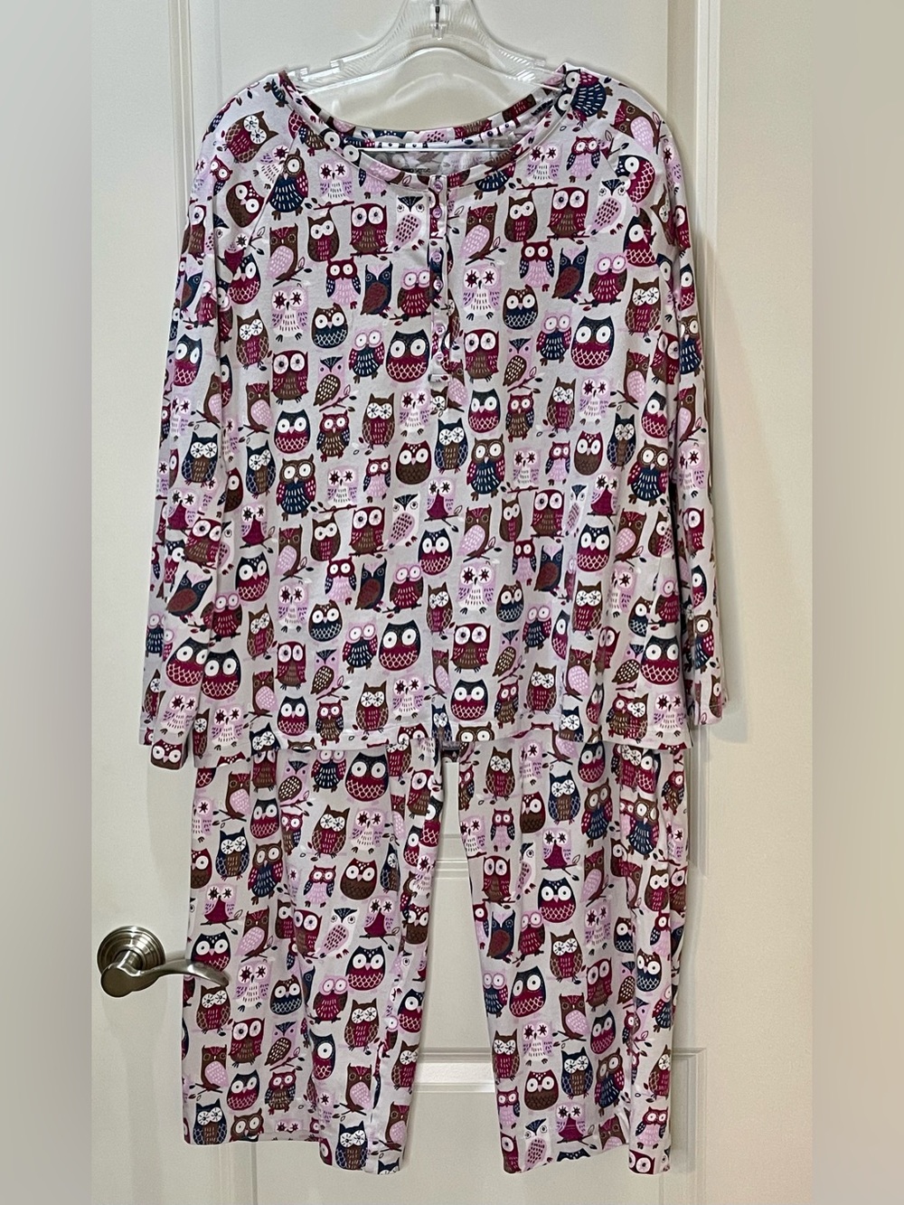Sleep Sense Owl Print Pajama Set Pink & Gray Pockets Cotton Blend Size L